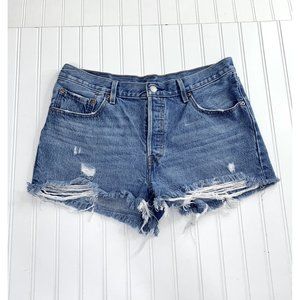 LEVIS Button Fly Sz 31 Denim Shorts High Rise Jean 2.5” Inseam Destroyed Cotton